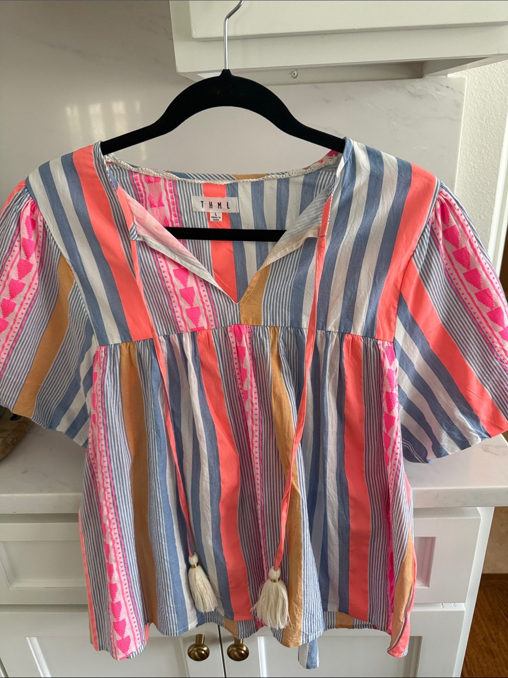 THML Coral, Pink & Blue Striped Peasant Tunic Top